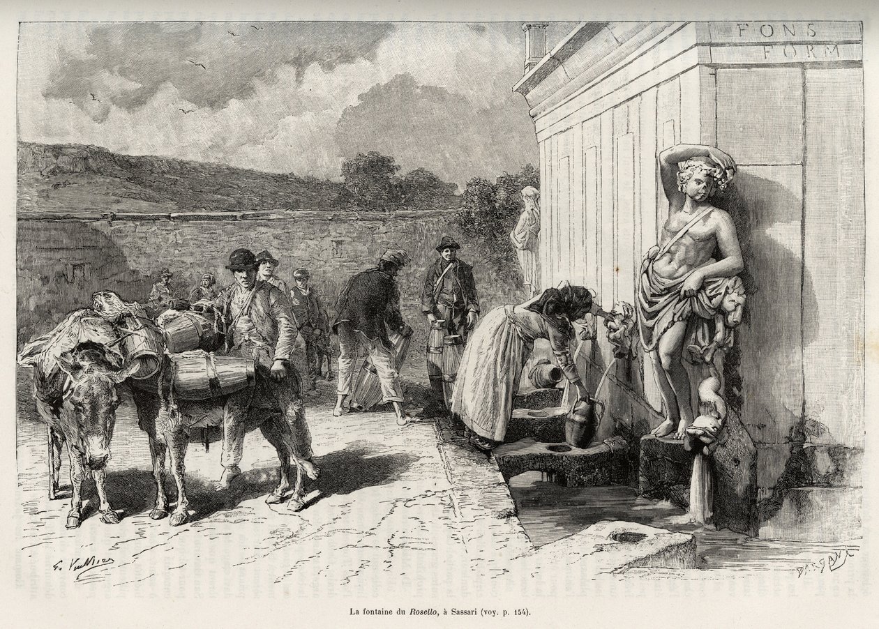 De fontein van de Rossello, in Sassari (Italië). Dagelijkse activiteiten, vrouw vult een kruik en waterdragers met hun ezels vullen hun vaten. Gravure en verhaal 