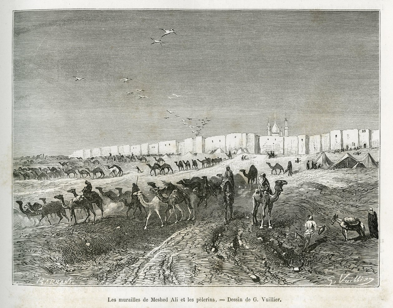 De muren van Meshed Ali (Ali Ibn Abi Talib, overleden in 661, neef, discipel en schoonzoon van Mohammed (570-632)) bevinden zich in de moskee van Najaf (Irak) en de pelgrims verzamelen zich om de eerste en vader van alle imams te vieren. Gravure door G. Vu door Gaston Vuillier