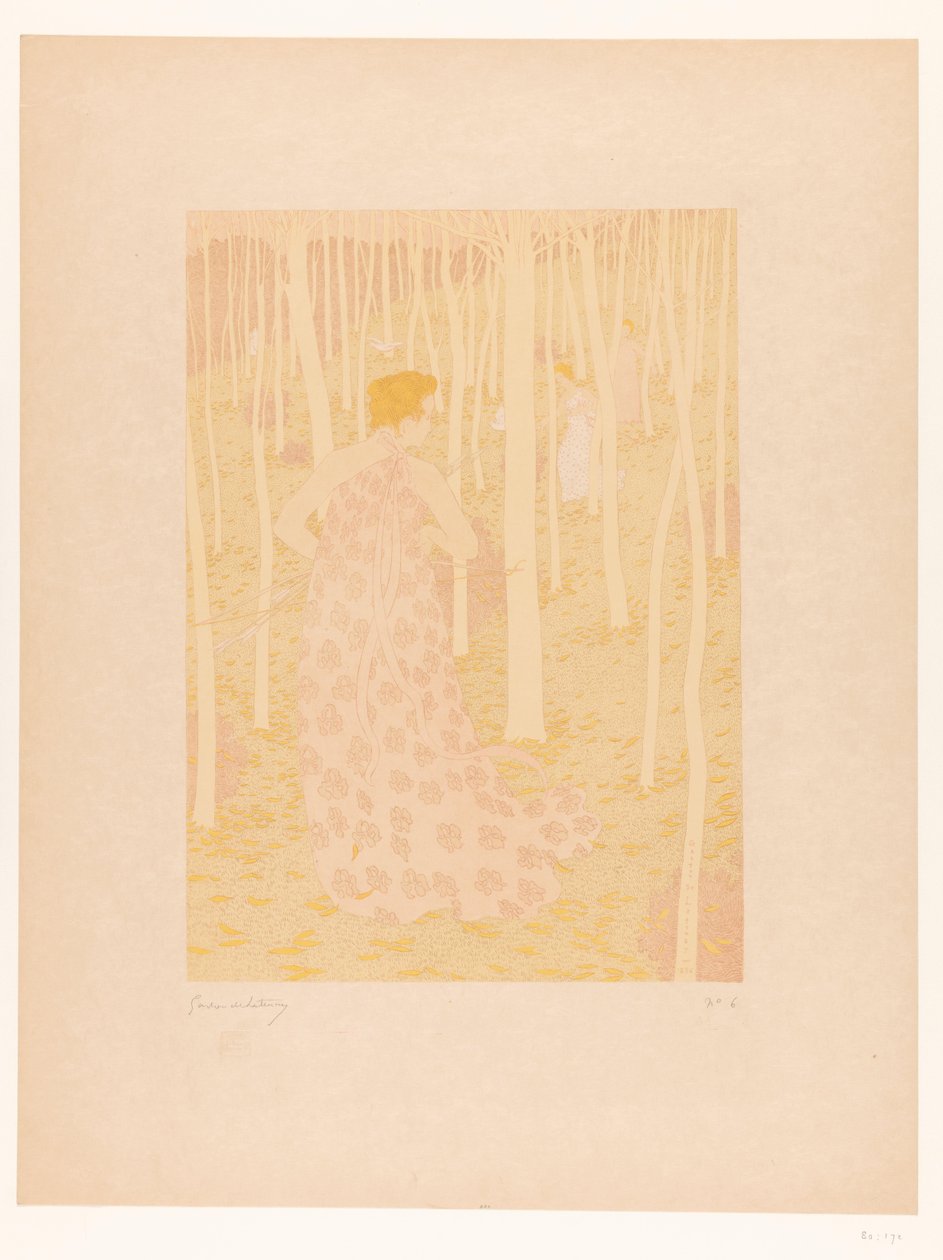 Vrouwen op jacht in een bos door Gaston de Latenay (signed by artist)