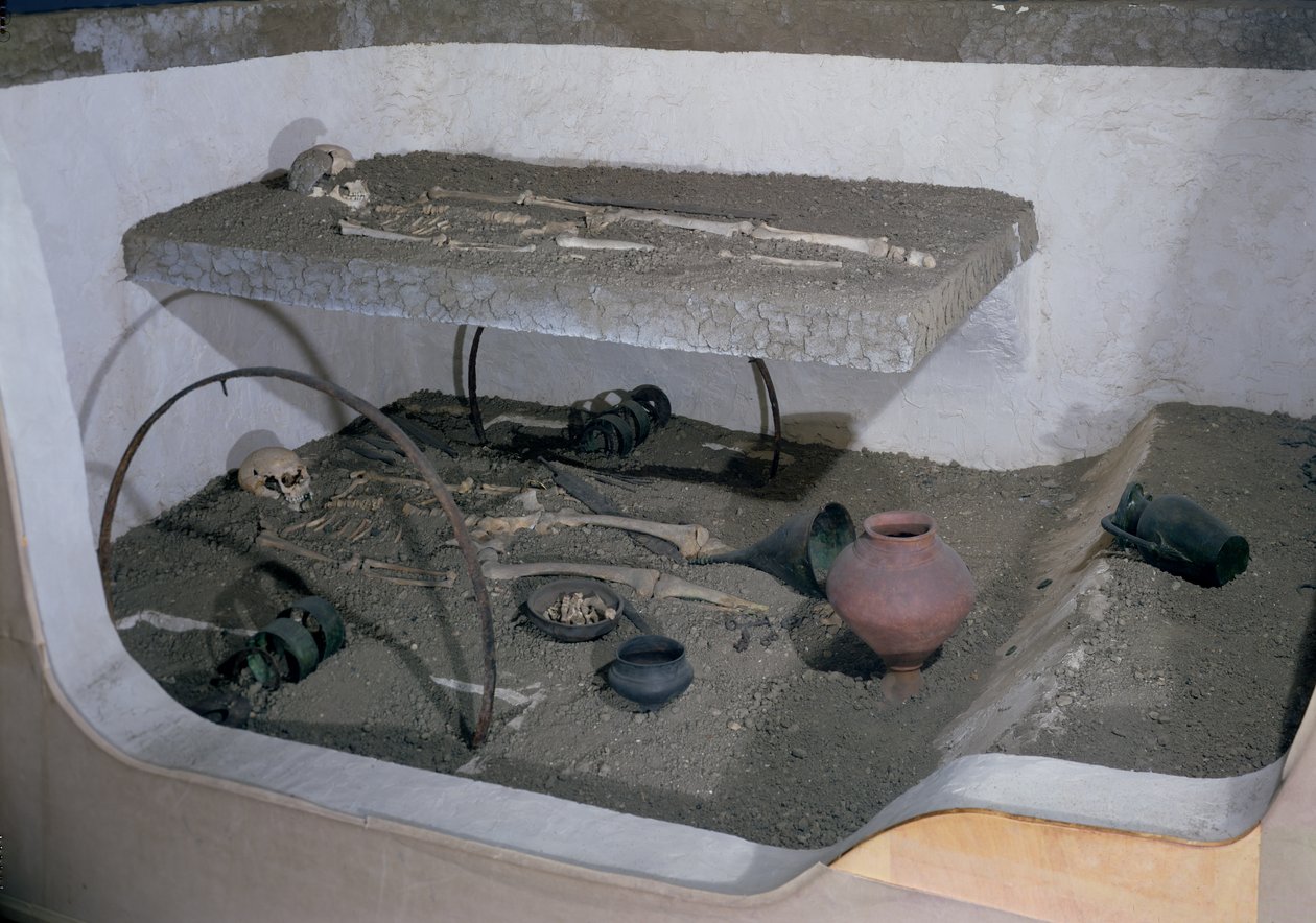 Graf van een Gallische hoofdman begraven met zijn strijdwagen en zijn wagenmenner, van La Gorge-Meillet, Somme-Tourbe, Tene I door Gaulish