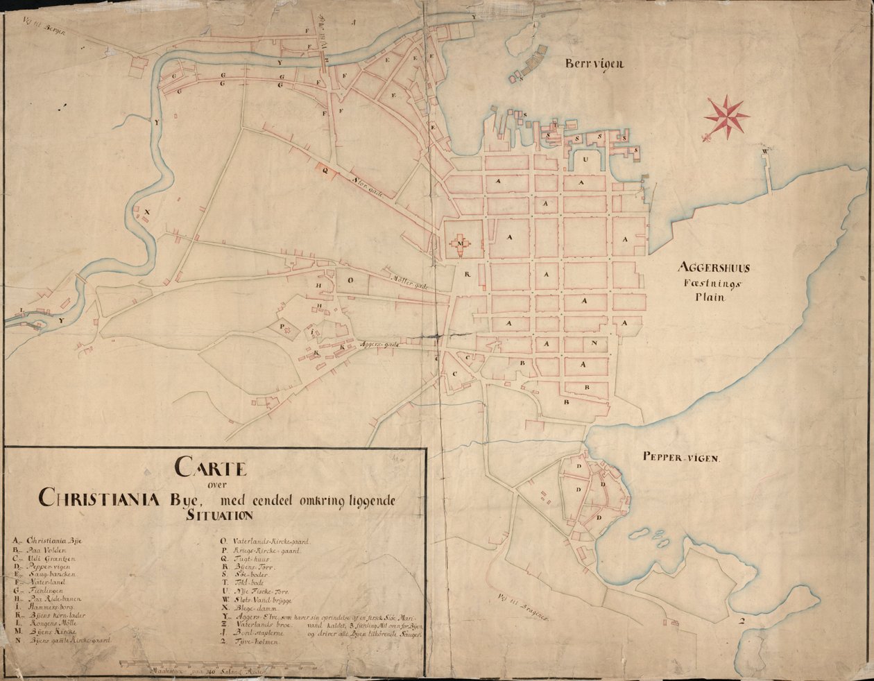 Kaart van de Nasjonalbibliotekets kartsamling. Uitgegeven in 1649 en toont Christiania door Geelkerck