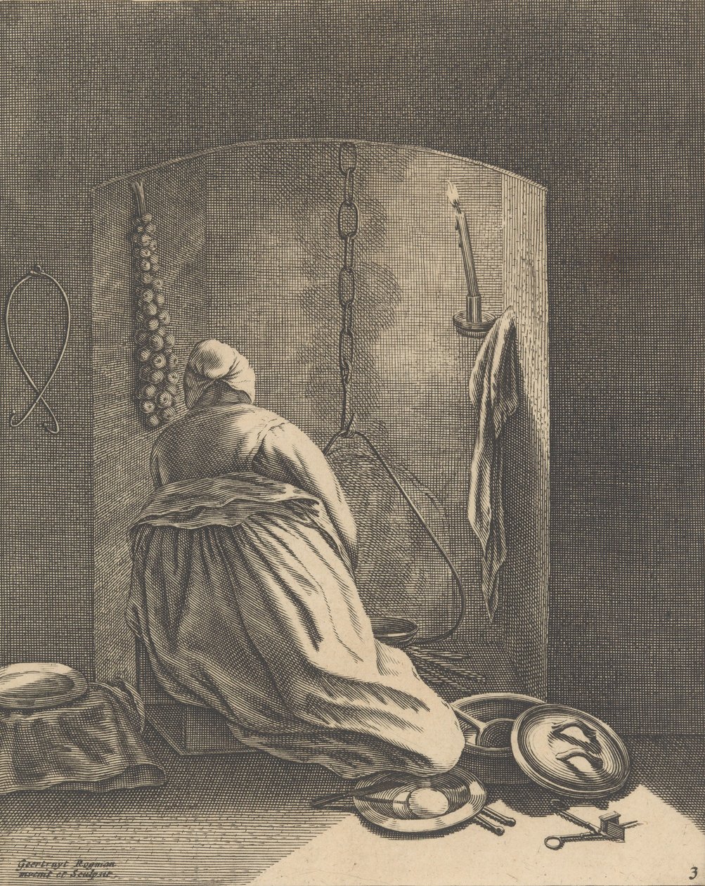 Een vrouw die kookt, plaat 3 uit Vijf vrouwelijke bezigheden, ca. 1640-57 door Geertruydt Roghman
