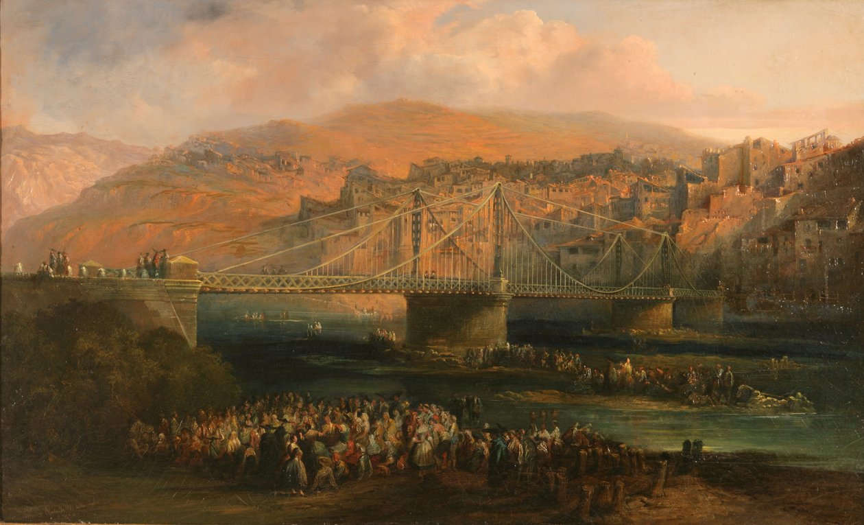 Uitzicht op de stad Fraga en de hangbrug door Genaro Pérez Villaamil