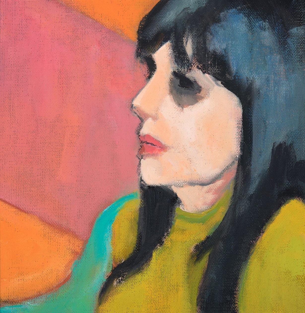 Black Hair, Lime Jumper, 2017 (olieverf op canvasboard) door Genevieve French
