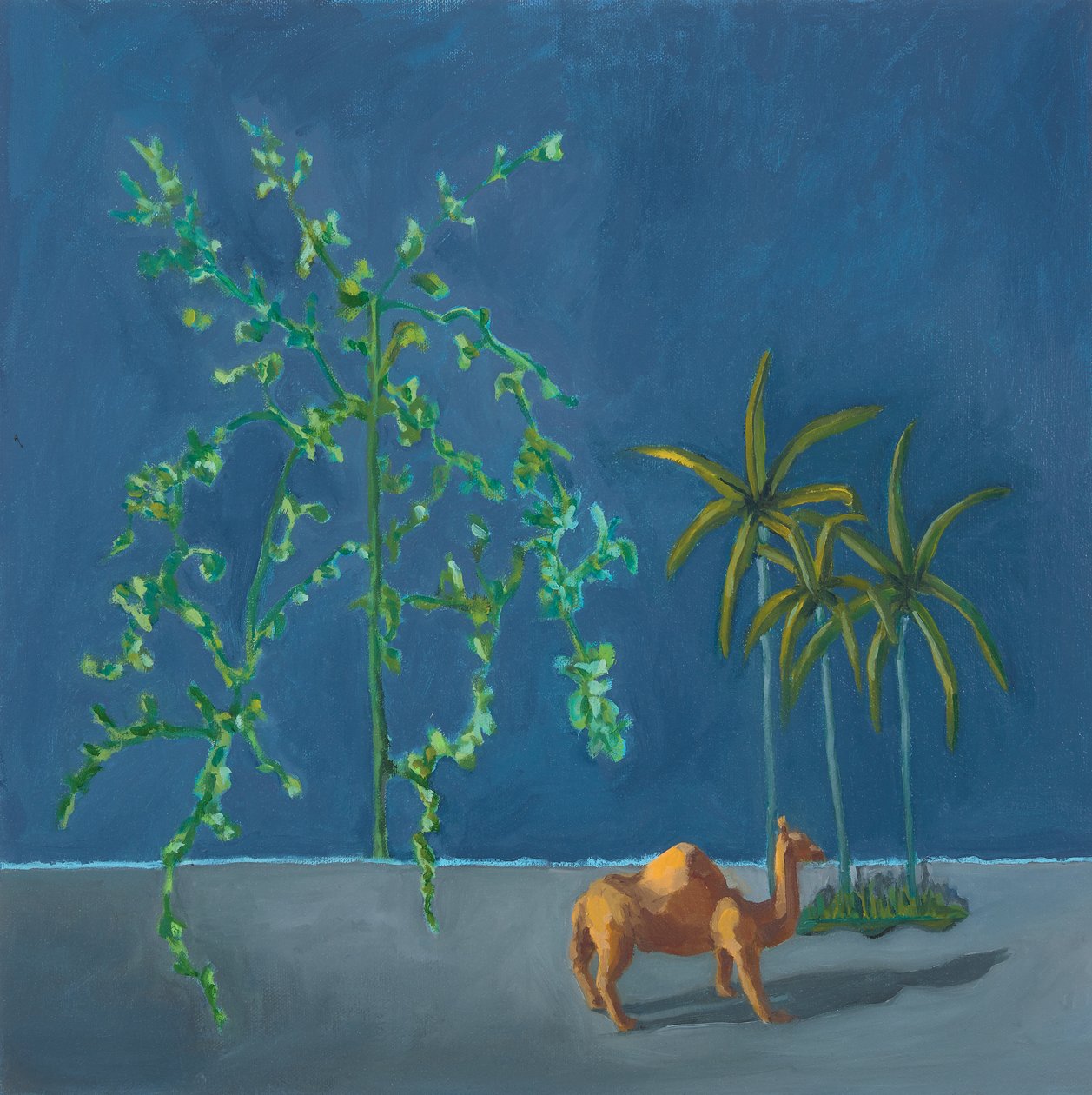 Kameel en twee bomen, 2019 (olieverf op board) door Genevieve French