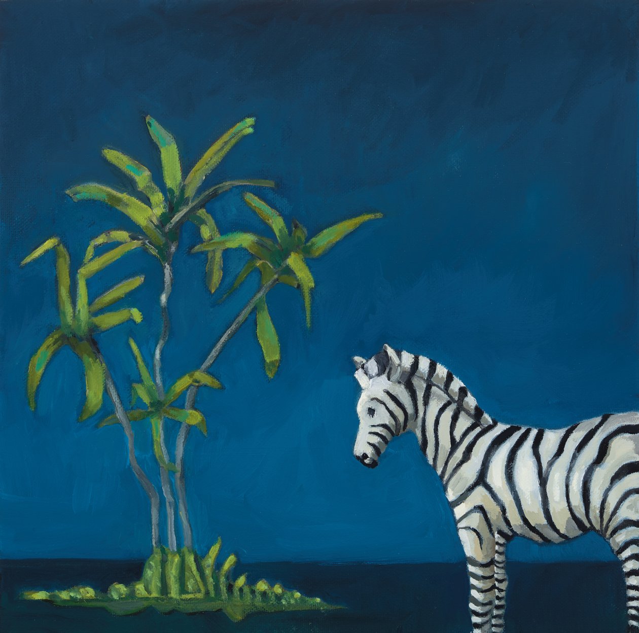 Zebra met palmboom, 2019 (olieverf op doek) door Genevieve French