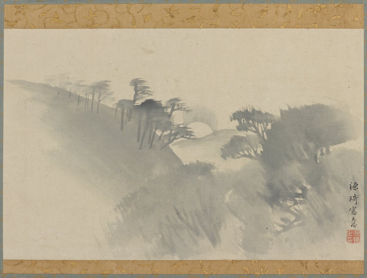 Landschap met heuvel, bomen en maanopkomst, Edo-periode, 1747-1868 door Genki