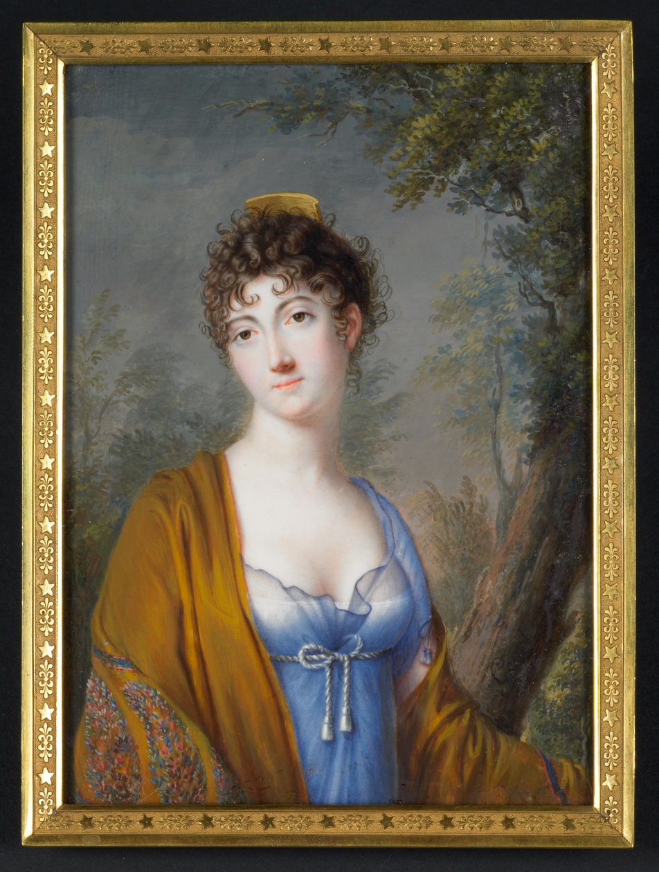 Dame in blauw met gele sjaal, ca 1800 (aquarel op ivoor) door Genot Genot