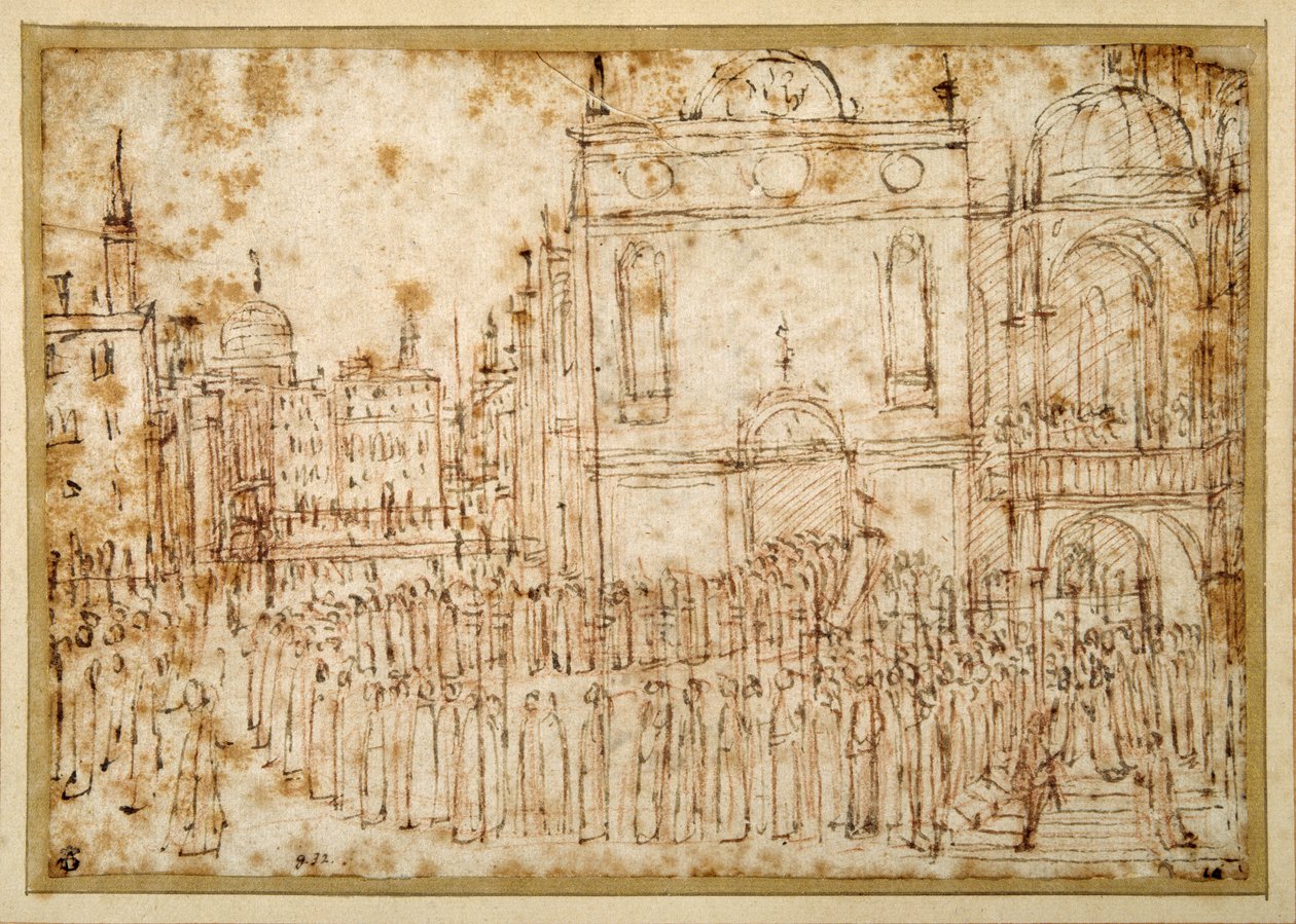 Een Venetiaanse processie van een scuola naar een kerk door Gentile Bellini