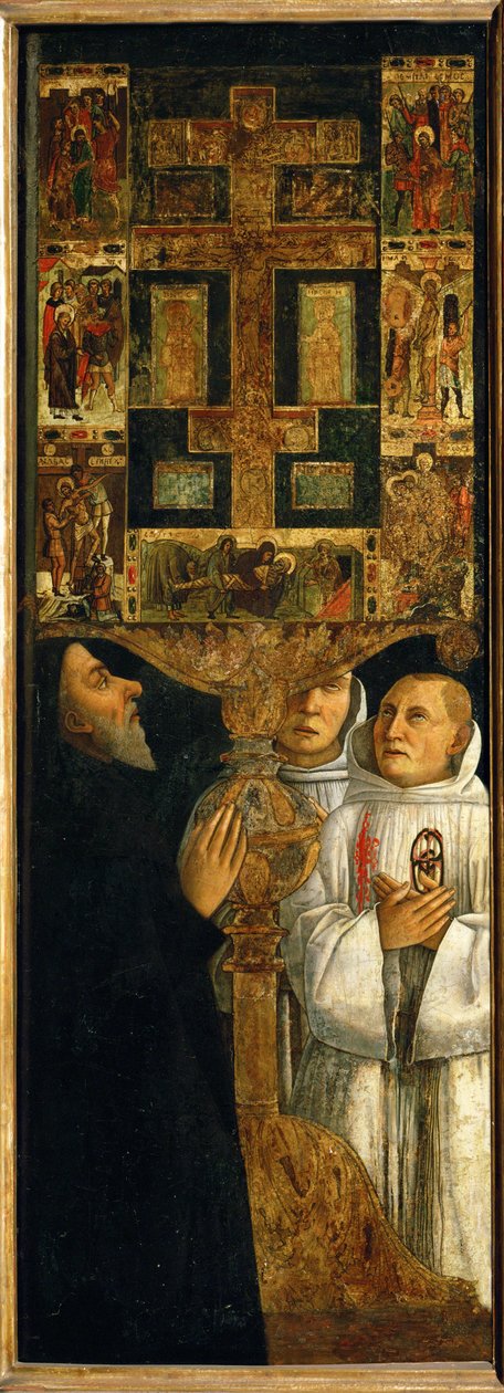 Kardinaal Bessarion met twee paters van de Scuola della Carita bij de deur van het voormalige Tabernakel (populierenhout) door Gentile Bellini