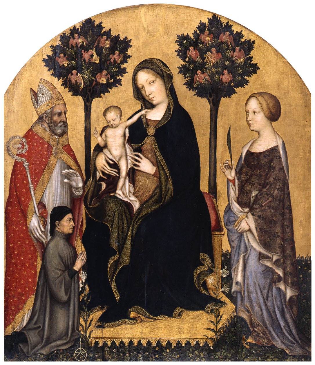 De troonende Maria met het Kind, de heilige Nicolaas van Bari, de heilige Catharina van Alexandrië en een schenker door Gentile da Fabriano