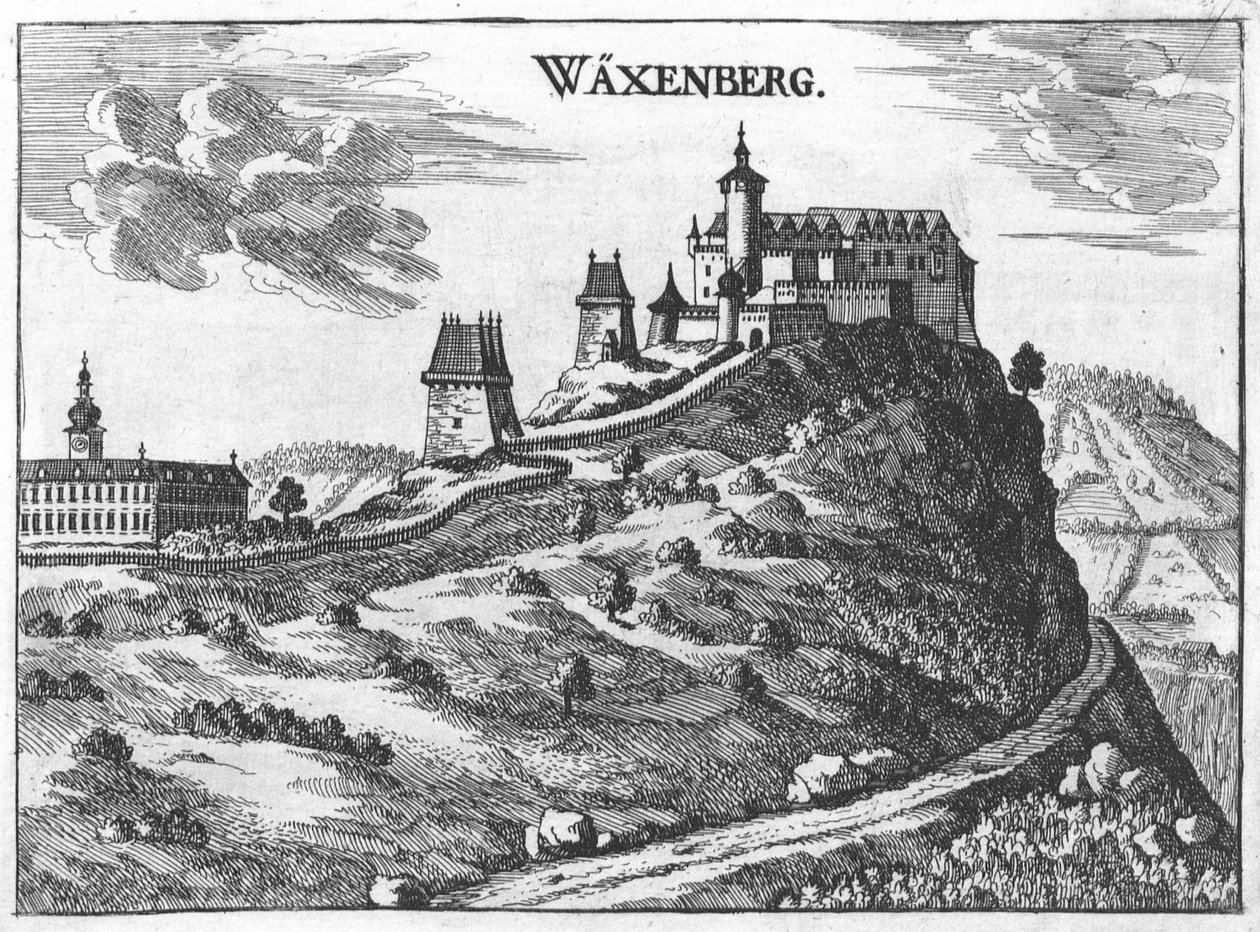 Kasteel Waxenberg in Opper-Oostenrijk, tekening van M. Vischer 1674 door Georg Matthaus Vischer