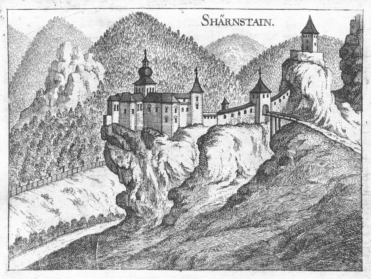 Gravure, uitzicht op kasteel Scharnstein, Opper-Oostenrijk door Georg Matthaus Vischer