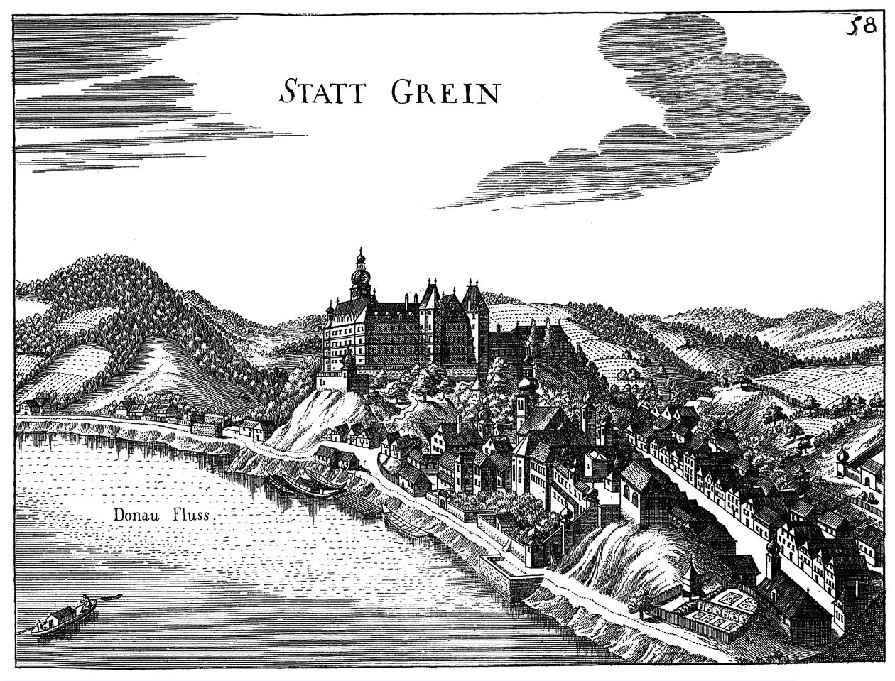 Gezicht op de stad Grein door Georg Matthaus Vischer