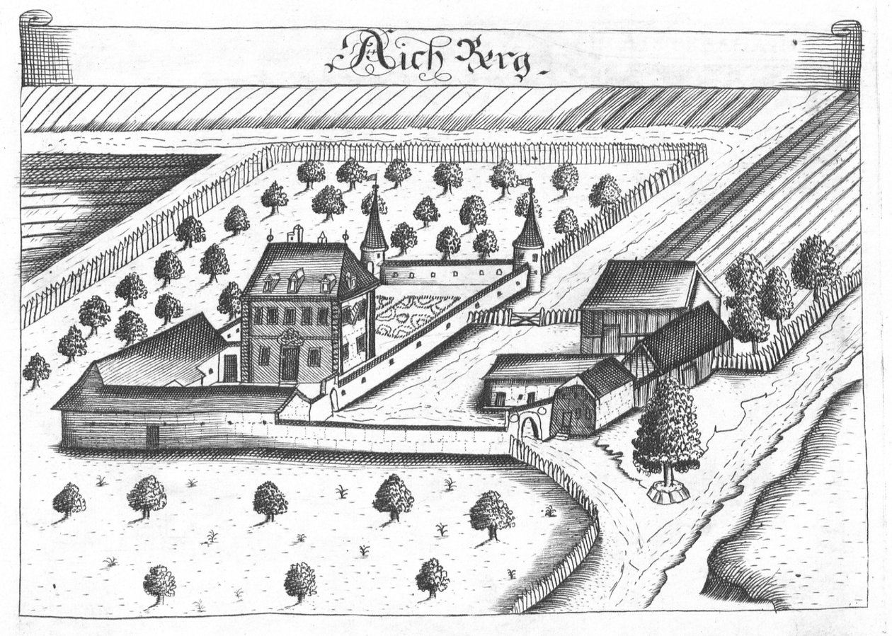Gravure, uitzicht op kasteel Aichberg, Opper-Oostenrijk door Georg Matthaus Vischer