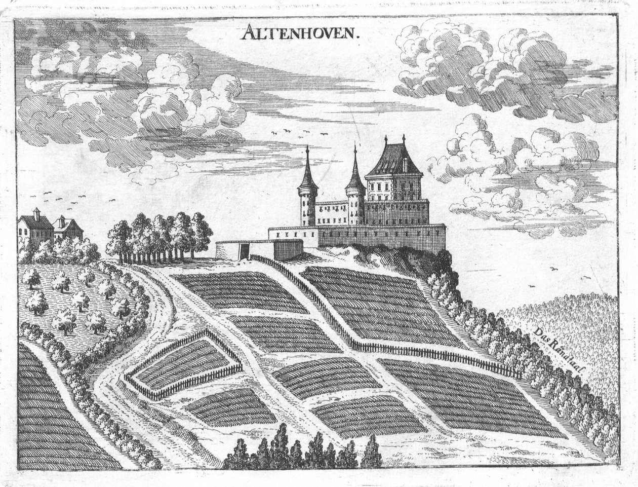 Gravure, uitzicht op kasteel Altenhof, Opper-Oostenrijk door Georg Matthaus Vischer