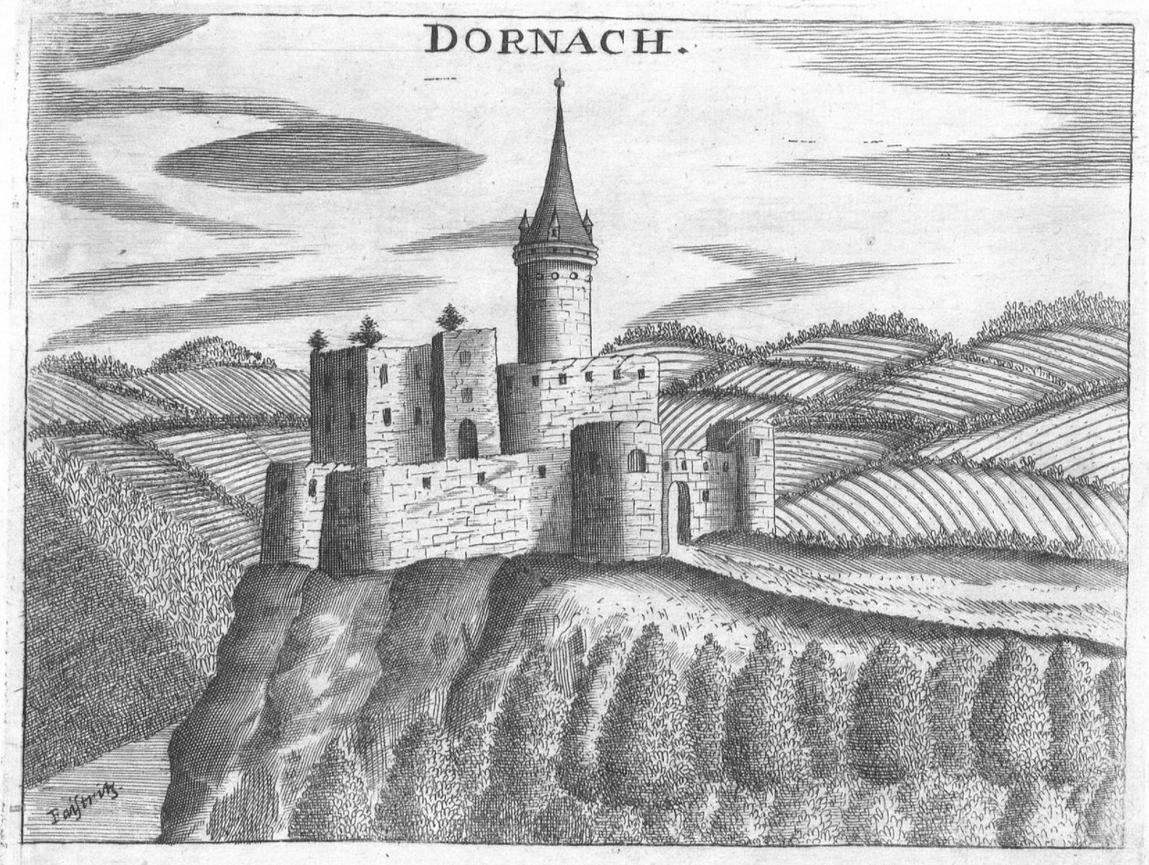 Gravure, uitzicht op kasteel Dornach, Opper-Oostenrijk door Georg Matthaus Vischer