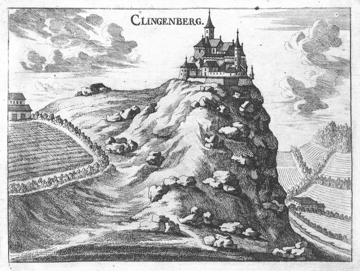Gravure, uitzicht op kasteel Klingenberg, Opper-Oostenrijk door Georg Matthaus Vischer