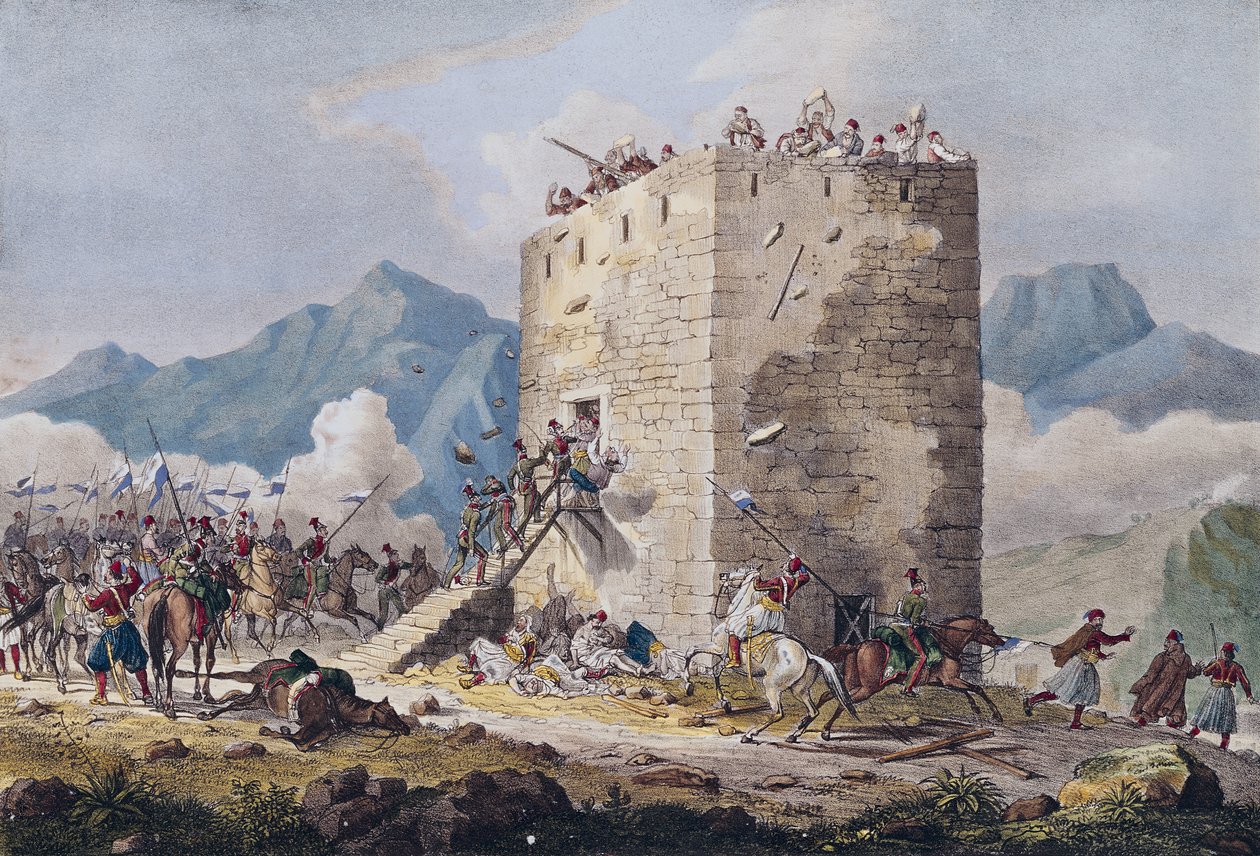 Het verzet van veertig Griekse rebellen in een toren in Thebe in 1833 door Georg Melchior Kraus