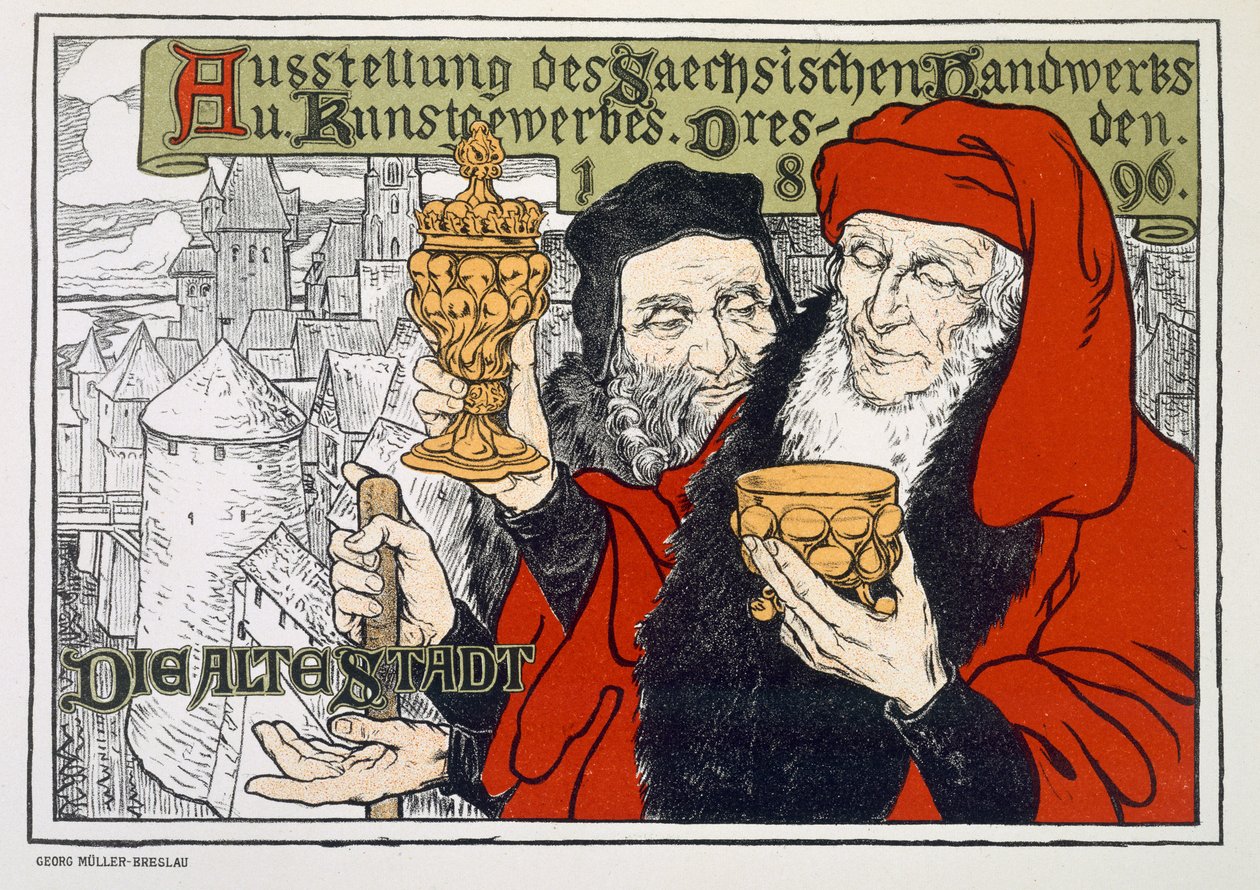 Poster die de Arts and Crafts Tentoonstelling in Dresden, Duitsland adverteert, te houden in de Oude Stad, 1896 door Georg Muller Breslau