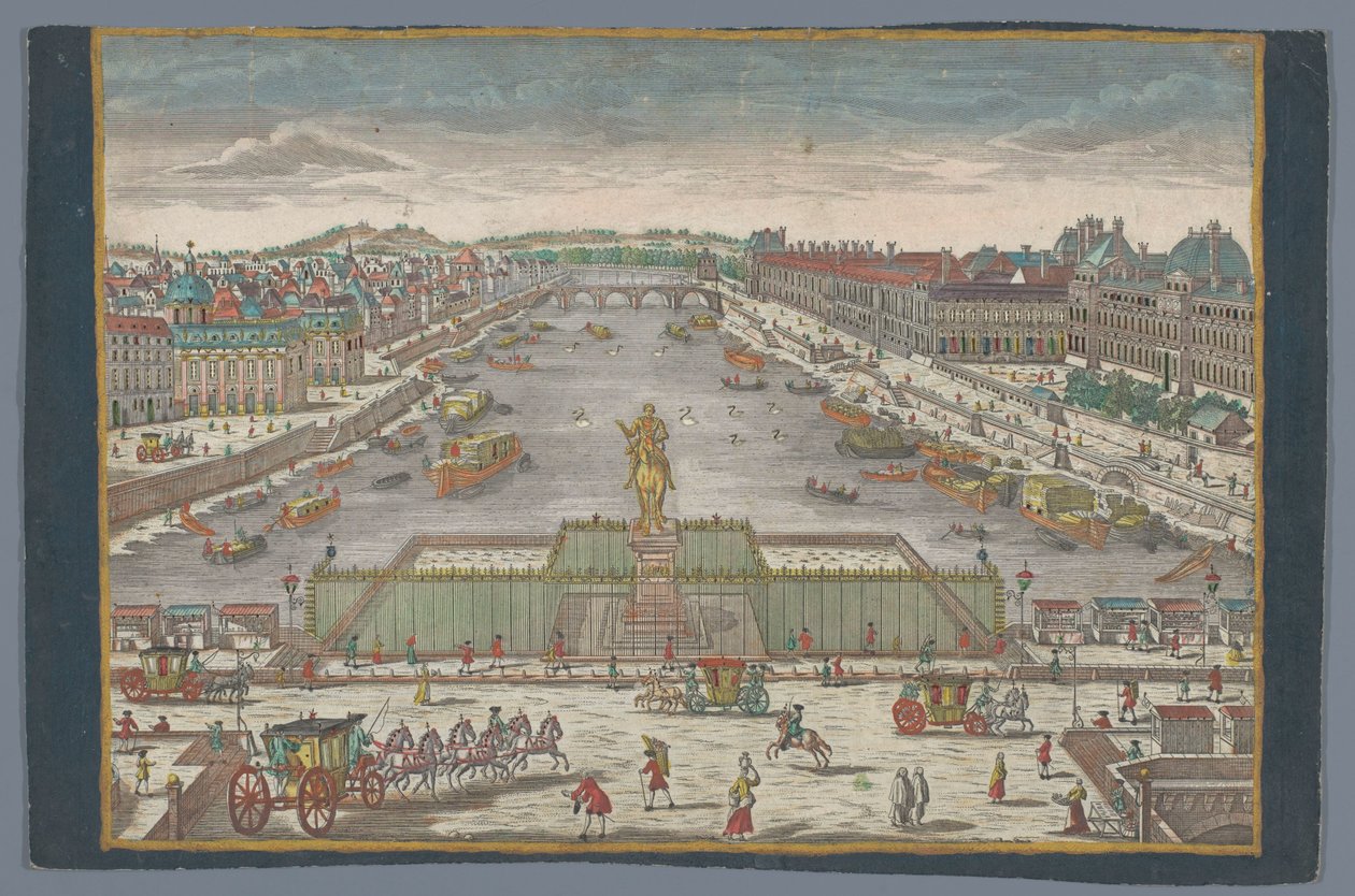 Gezicht op de Pont Neuf over de rivier de Seine te Parijs, gezien richting de Pont Royal door Georg Balthasar Probst (possibly)