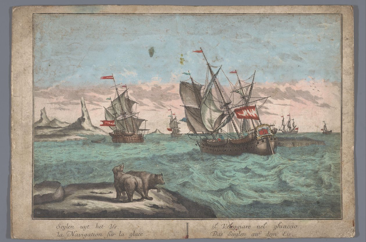 Gezicht op het varen van de schepen op de ijszee door Georg Balthasar Probst (possibly)