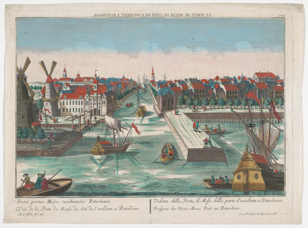 Gezicht op de Wester Nieuwe Hoofdpoort en de Ooster Nieuwe Hoofdpoort te Rotterdam (Rotterdam) door Georg Balthasar Probst