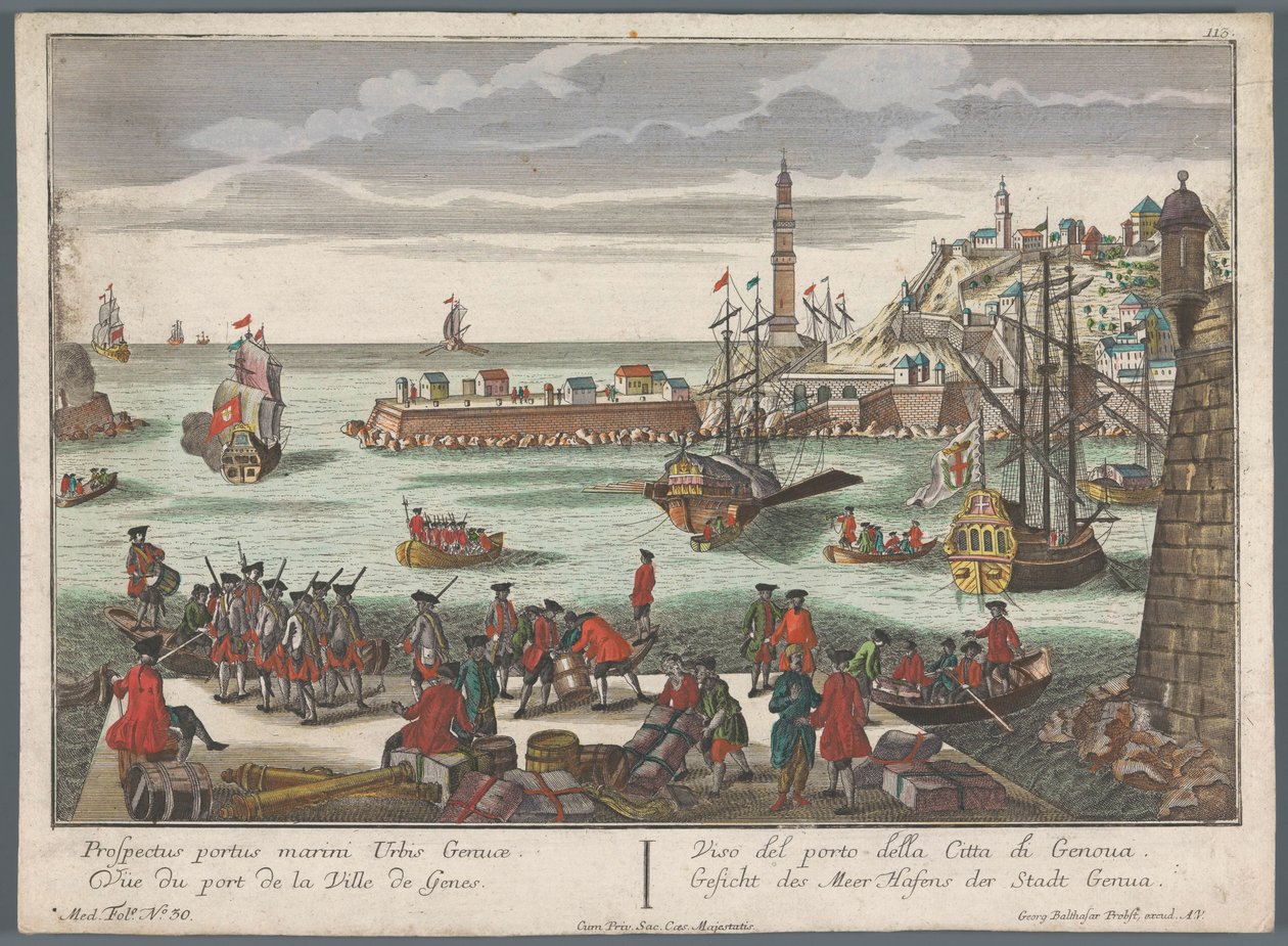Gezicht op de haven te Genua door Georg Balthasar Probst