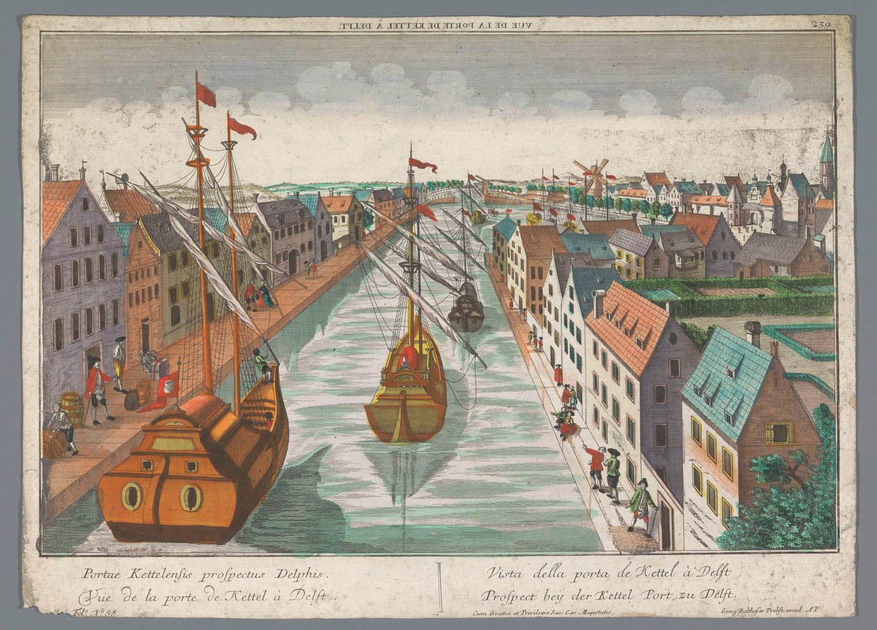 Gezicht op een gracht in de omgeving van de Ketelpoort te Delft door Georg Balthasar Probst