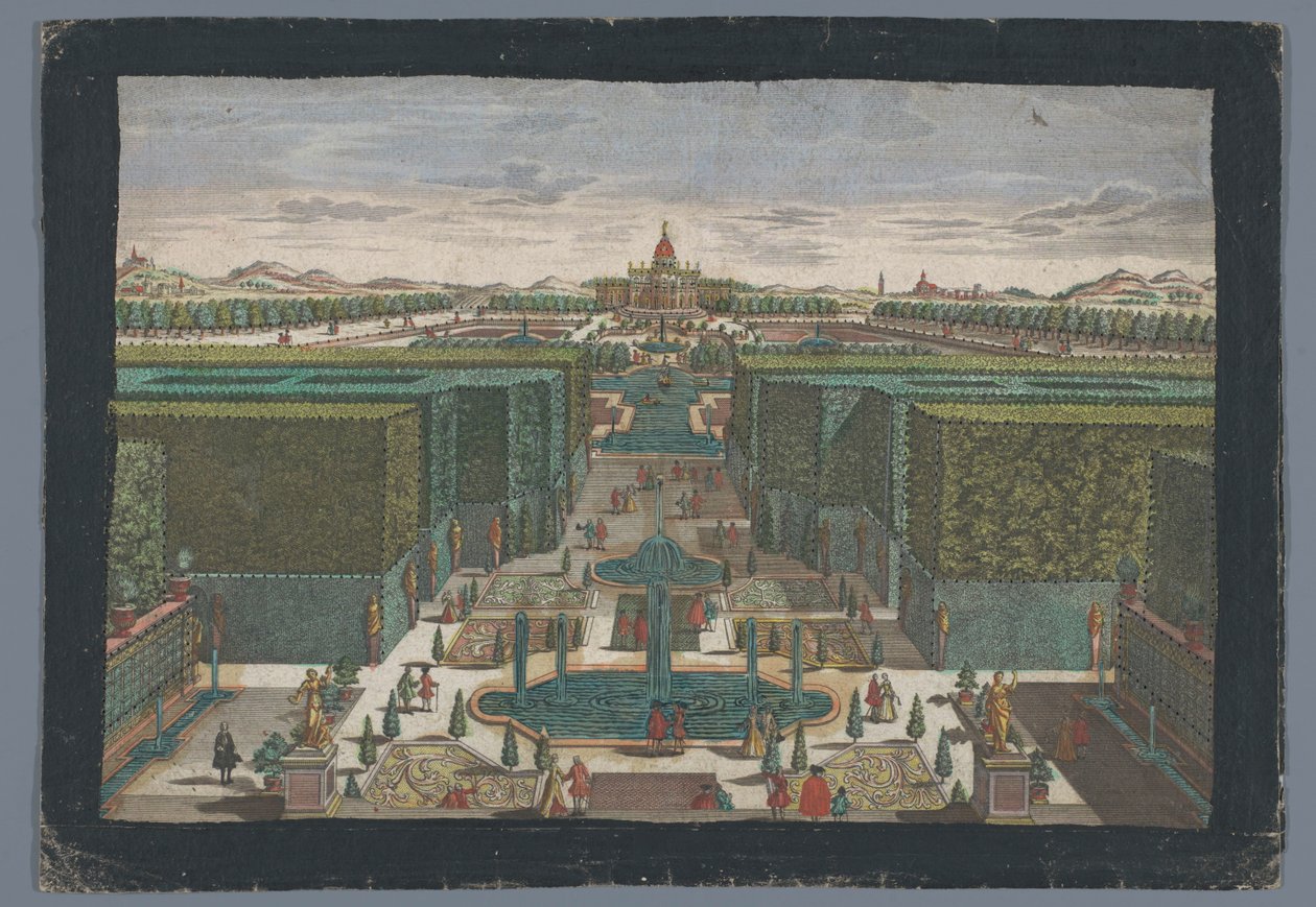 Gezicht op een laan aan de linkerzijde van een tuin door Georg Balthasar Probst