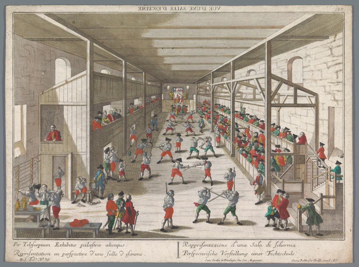 Gezicht op een schermschool door Georg Balthasar Probst