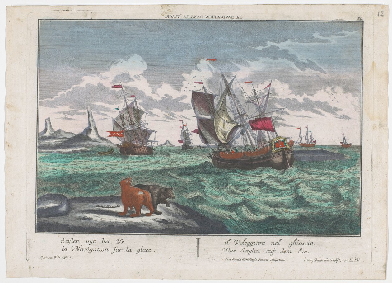 Gezicht op het varen van de schepen op de ijszee door Georg Balthasar Probst