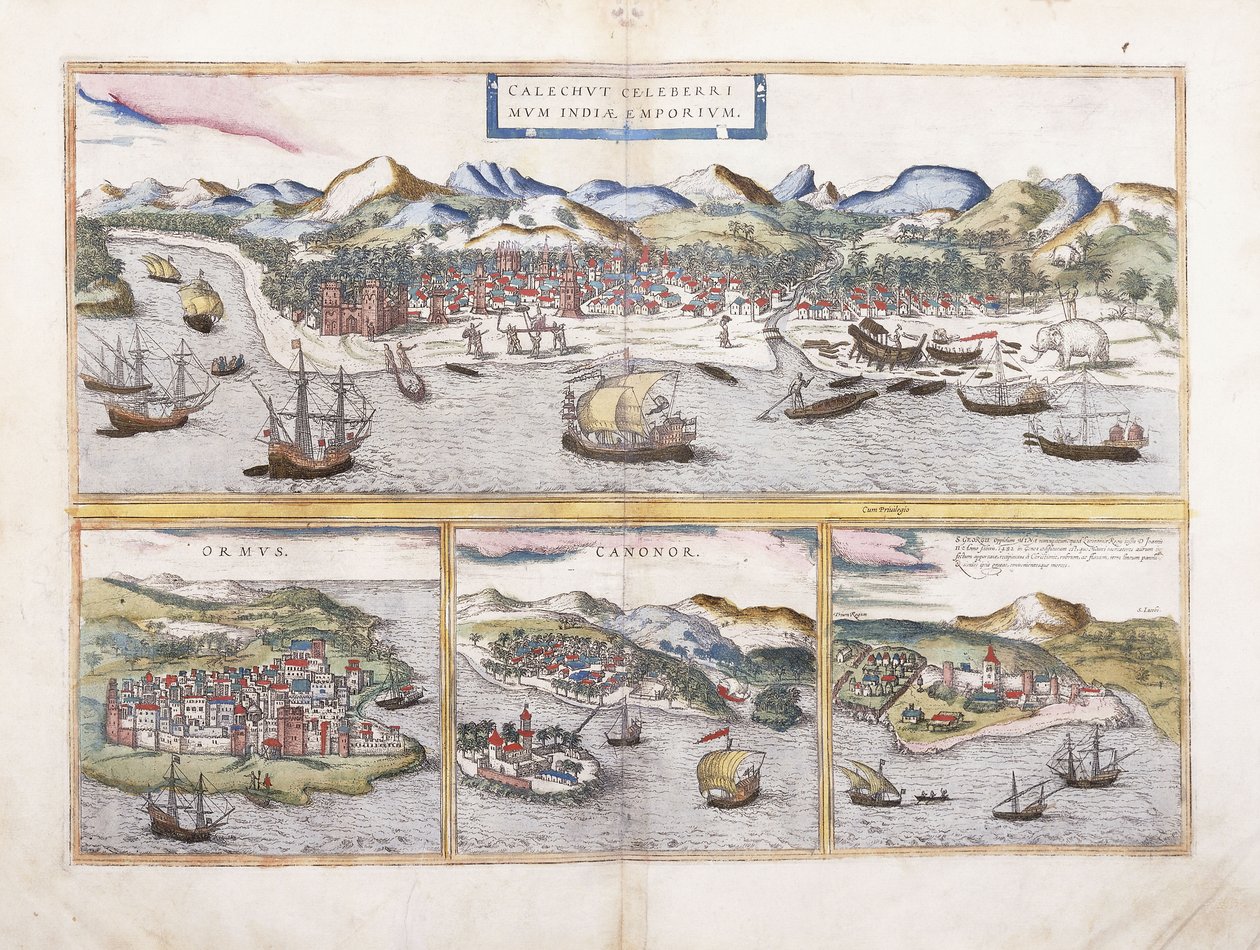 Gezicht op Calcutta, India, en daaronder kleinere uitzichten van Ormuz bij de ingang van de Perzische Golf, Canonor in India, en het Portugese fort El Mina in West-Afrika, 1572 door Georg Braun