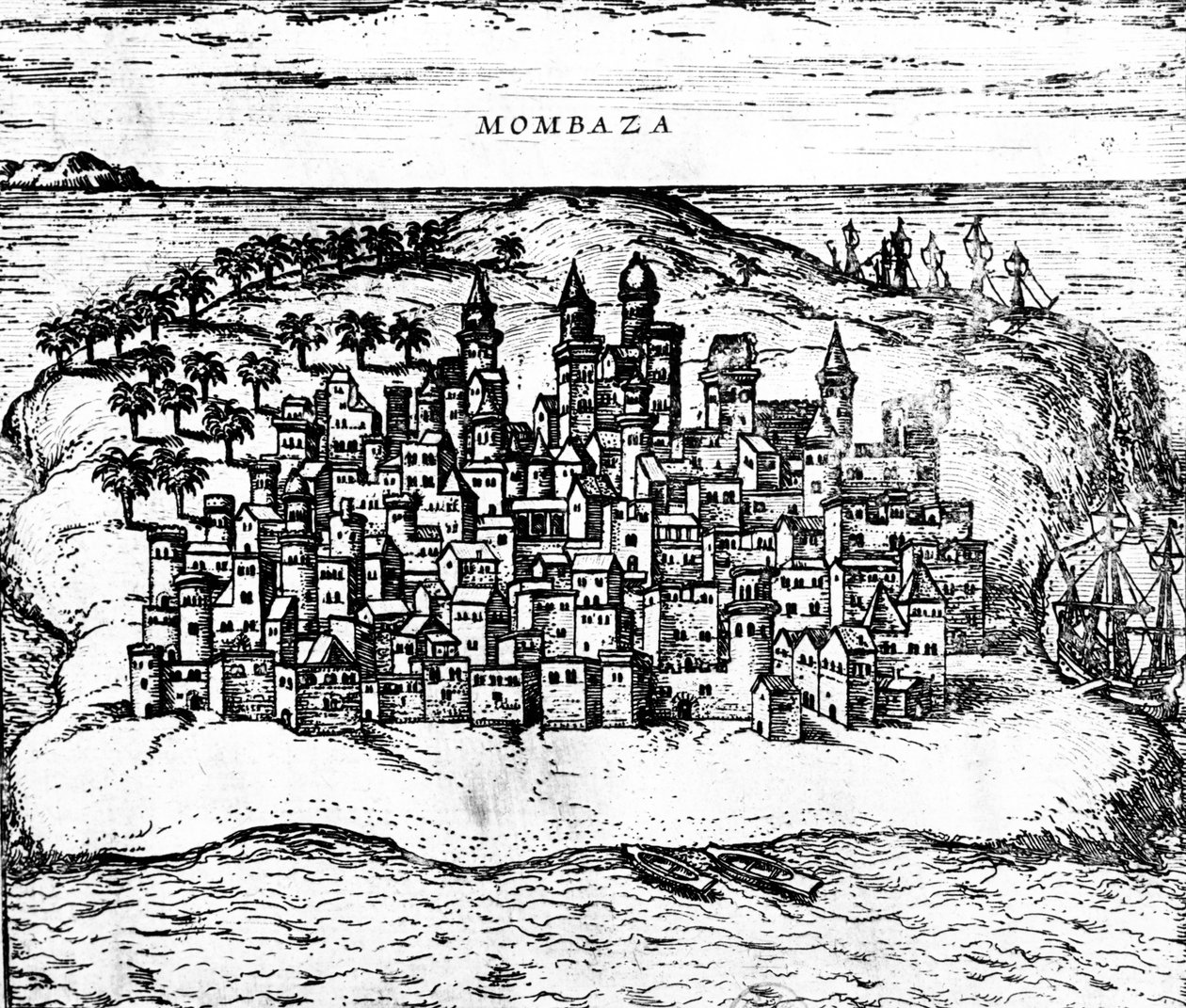Uitzicht op Mombaza, uit Georg Brauns Civitates orbis terrarum, gepubliceerd in 1572 (detail) door Georg Braun und Franz Hogenberg