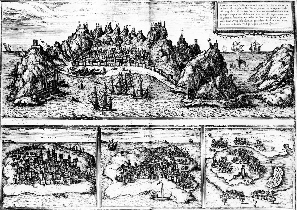 Gezichten van Aden, Mombaza, Quiloa en Cefala, uit Georg Braun
