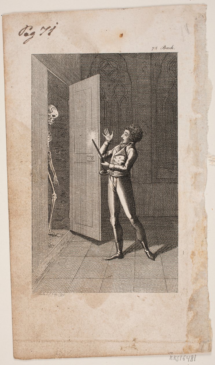 Illustratie met jonge man en skelet door Georg Christian Schule
