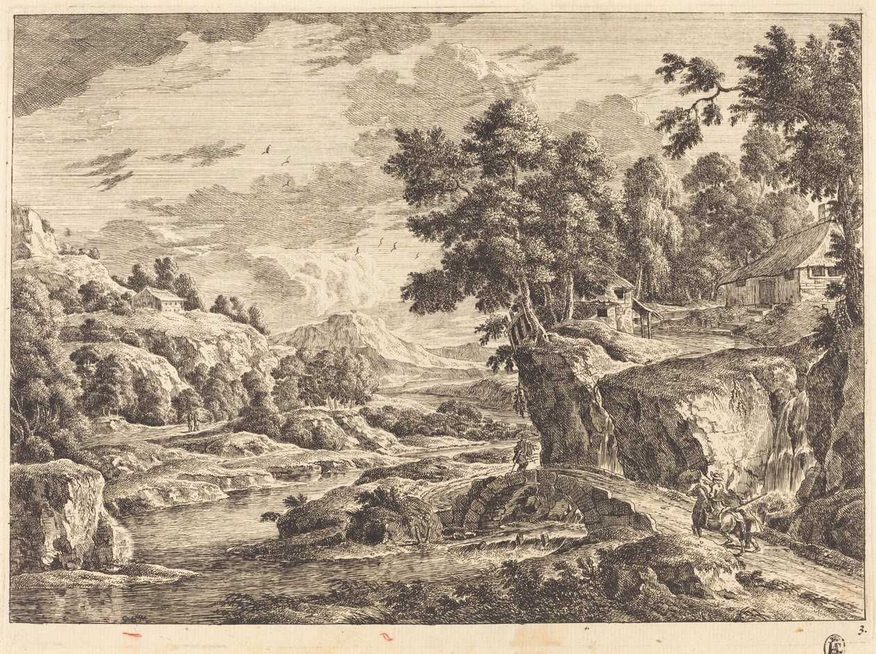 Landschap met een brug en drie boerderijen door Georg Eisenmann