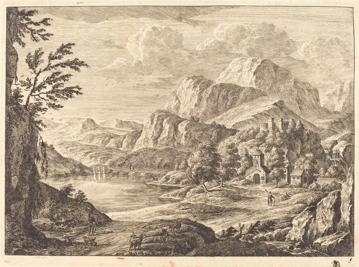 Bergachtig landschap met een vervallen kasteel en een boogbrug in de verte door Georg Eisenmann