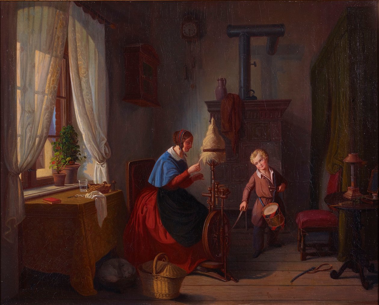 Vrouw aan het spinnewiel en trommeljongen met sabel door Georg Friedrich Kersting