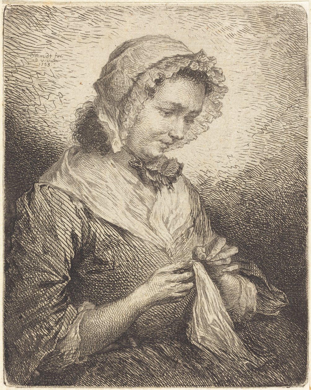 De vrouw van de kunstenaar aan het naaien door Georg Friedrich Schmidt