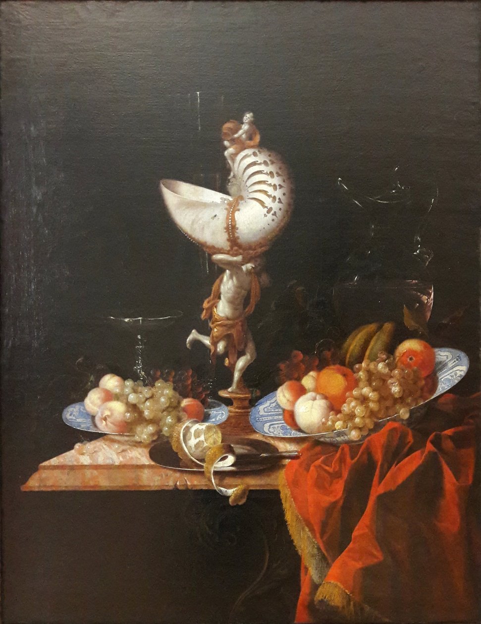 Duits: Stilleben mit Nautiluspokal Stilleven met een nautilusbeker door Georg Hainz