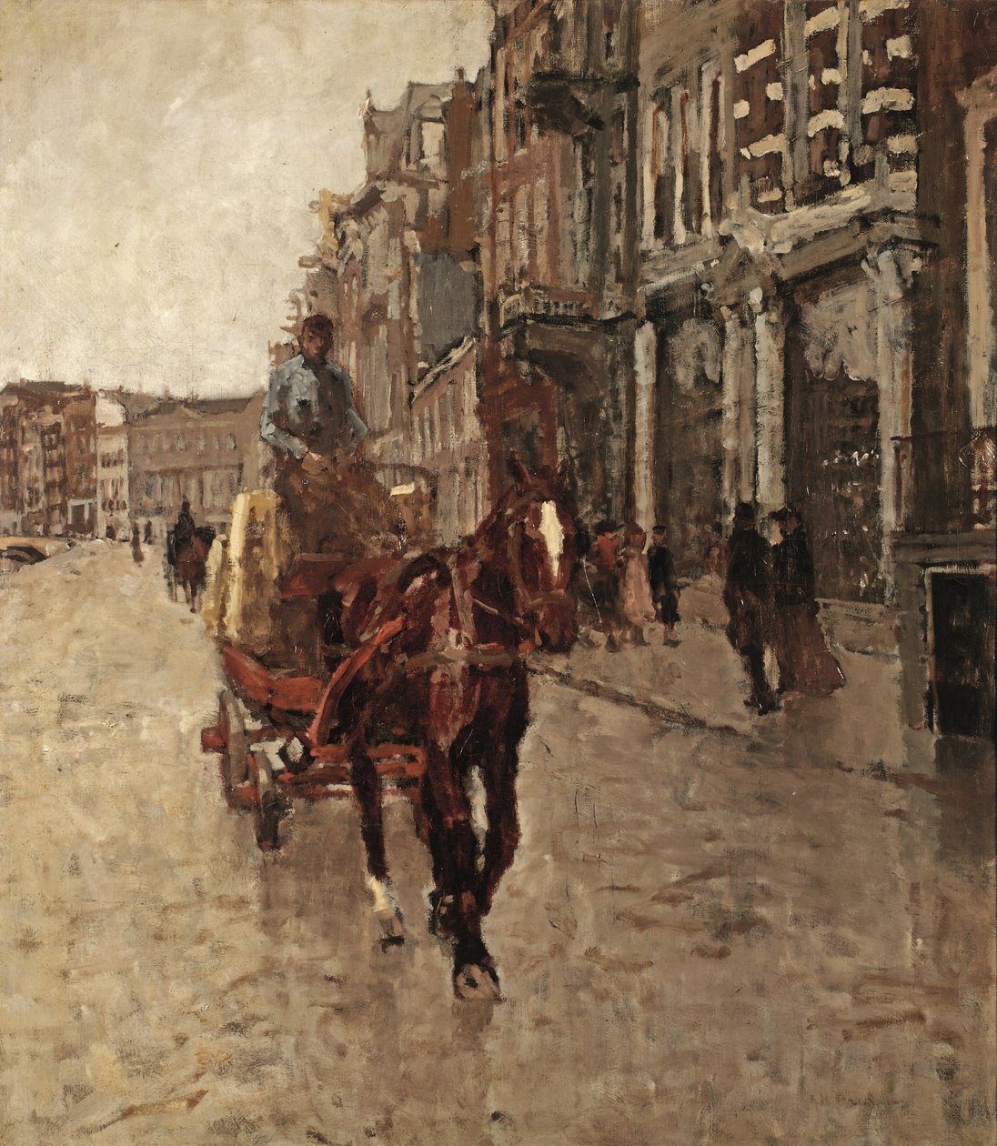 Rokin Westzijde: een paard en wagen op het Rokin, Amsterdam door Georg Hendrik Breitner