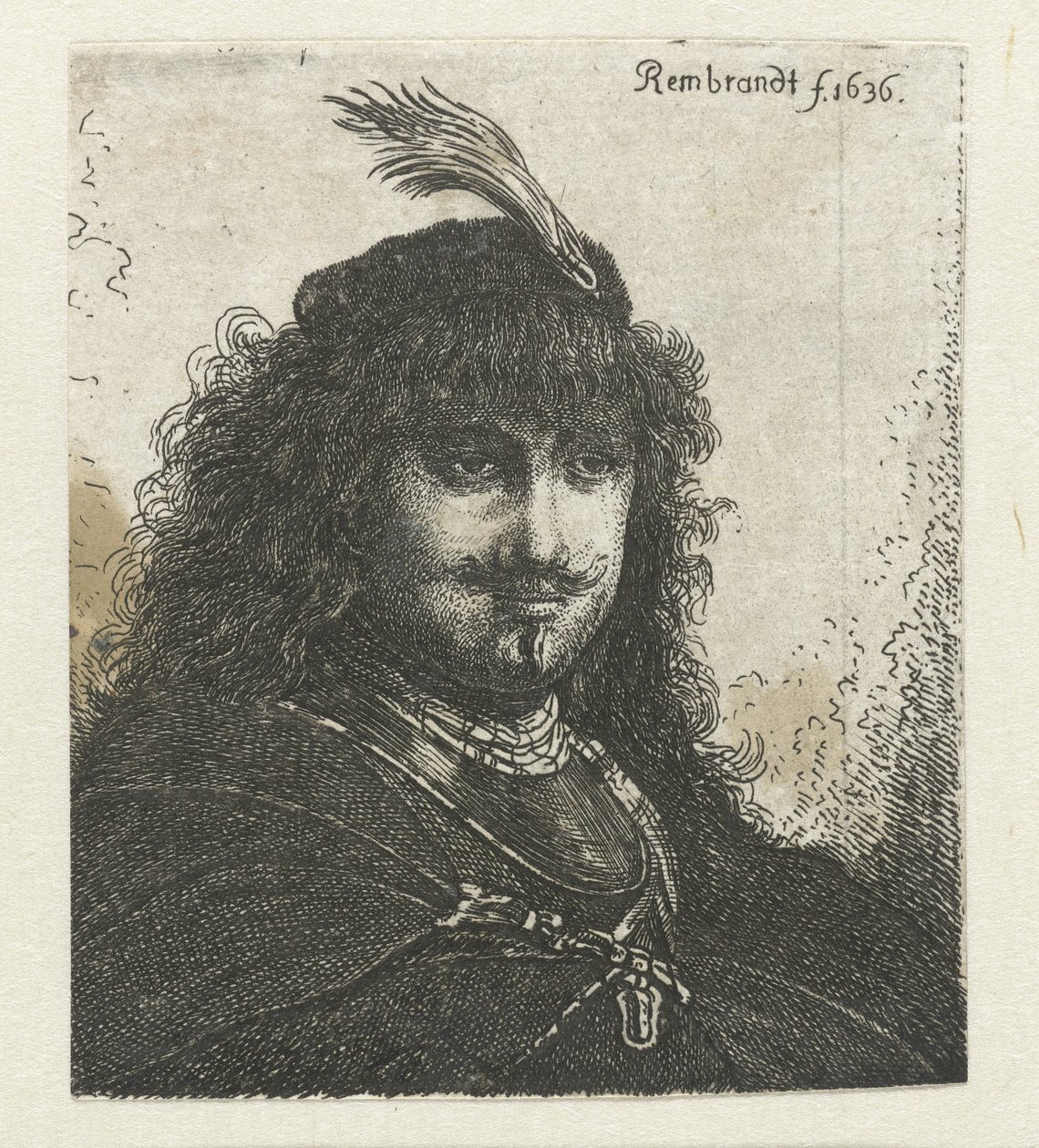 Zelfportret (?) met gevederde hoed en neergeslagen sabel door Georg Leopold Hertel
