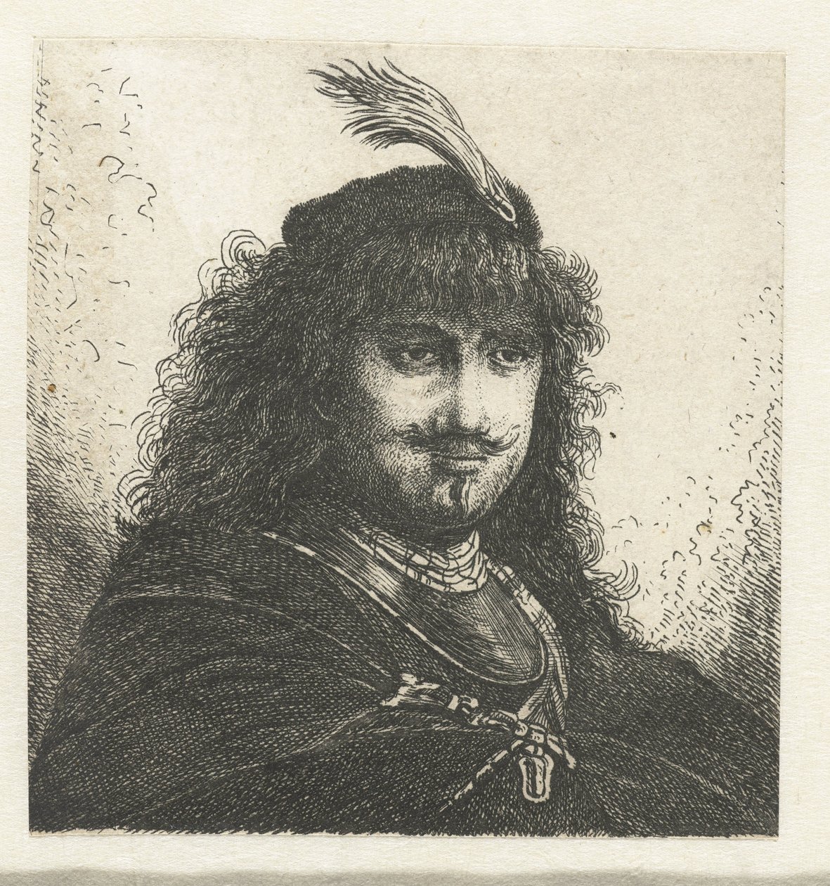 Zelfportret (?) met gevederde hoed en neergeslagen sabel door Georg Leopold Hertel