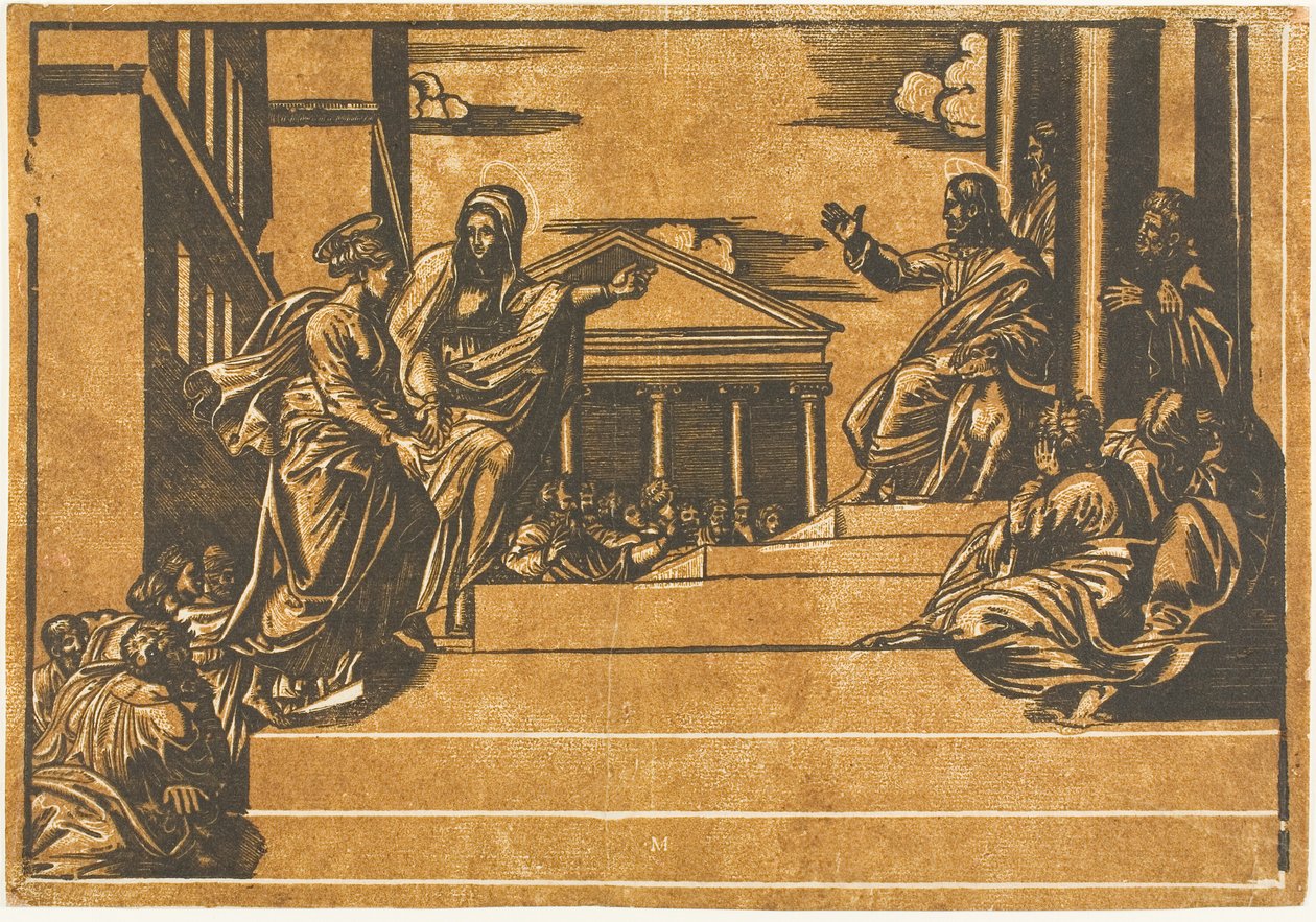 Martha en Magdalena beklimmen de trappen van de tempel door Georg Matheus