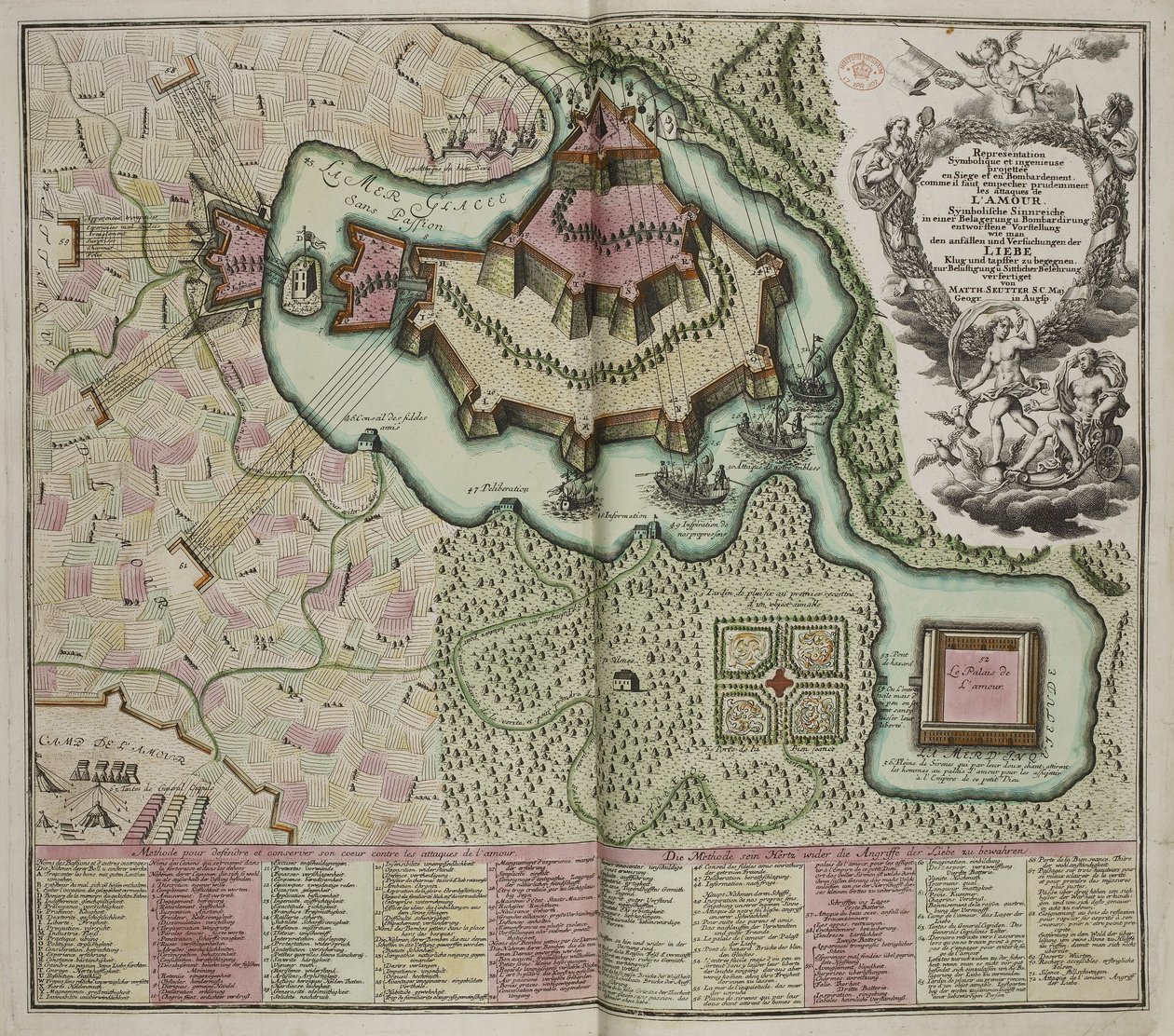 Allegorische Kaart van het Beleg van het Kasteel van de Liefde door Georg Matthäus Seutter