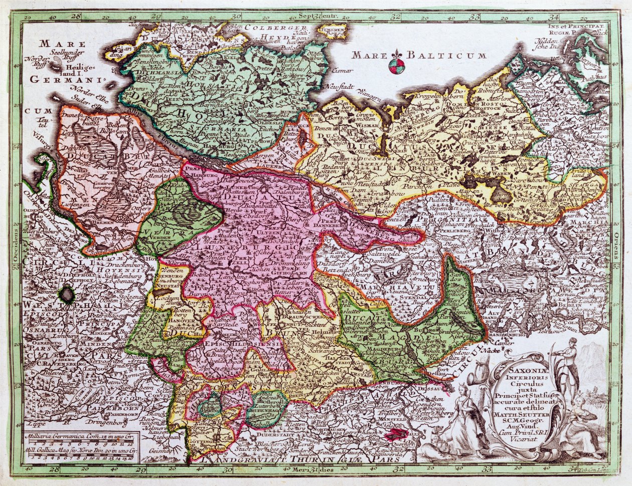 Kaart van Noord-Duitsland, uit een atlas door Georg Matthäus Seutter