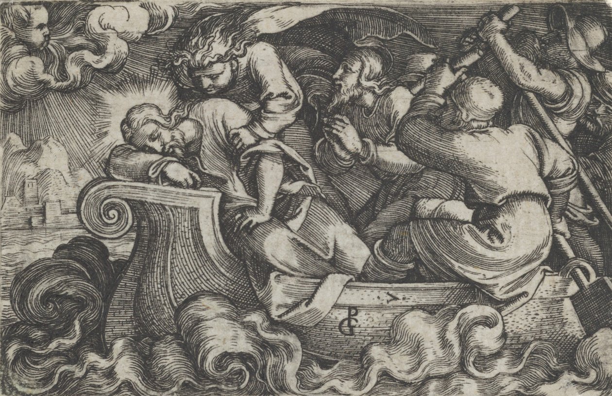 Christus Slapend Tijdens de Storm op het Meer van Tiberias, uit Het Verhaal van Christus, 1534-35 door Georg Pencz
