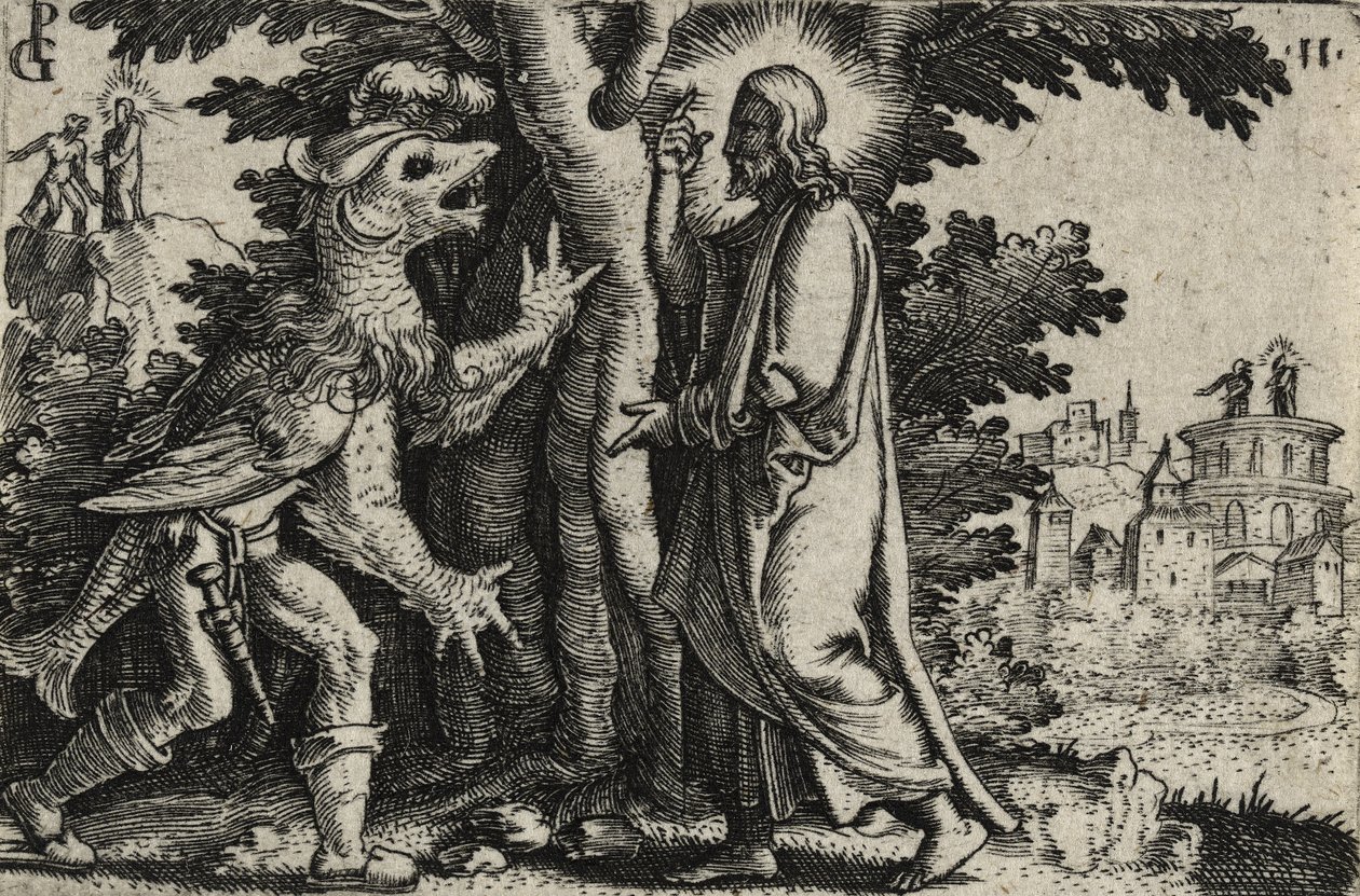 Christus verleid door de duivel in de woestijn door Georg Pencz