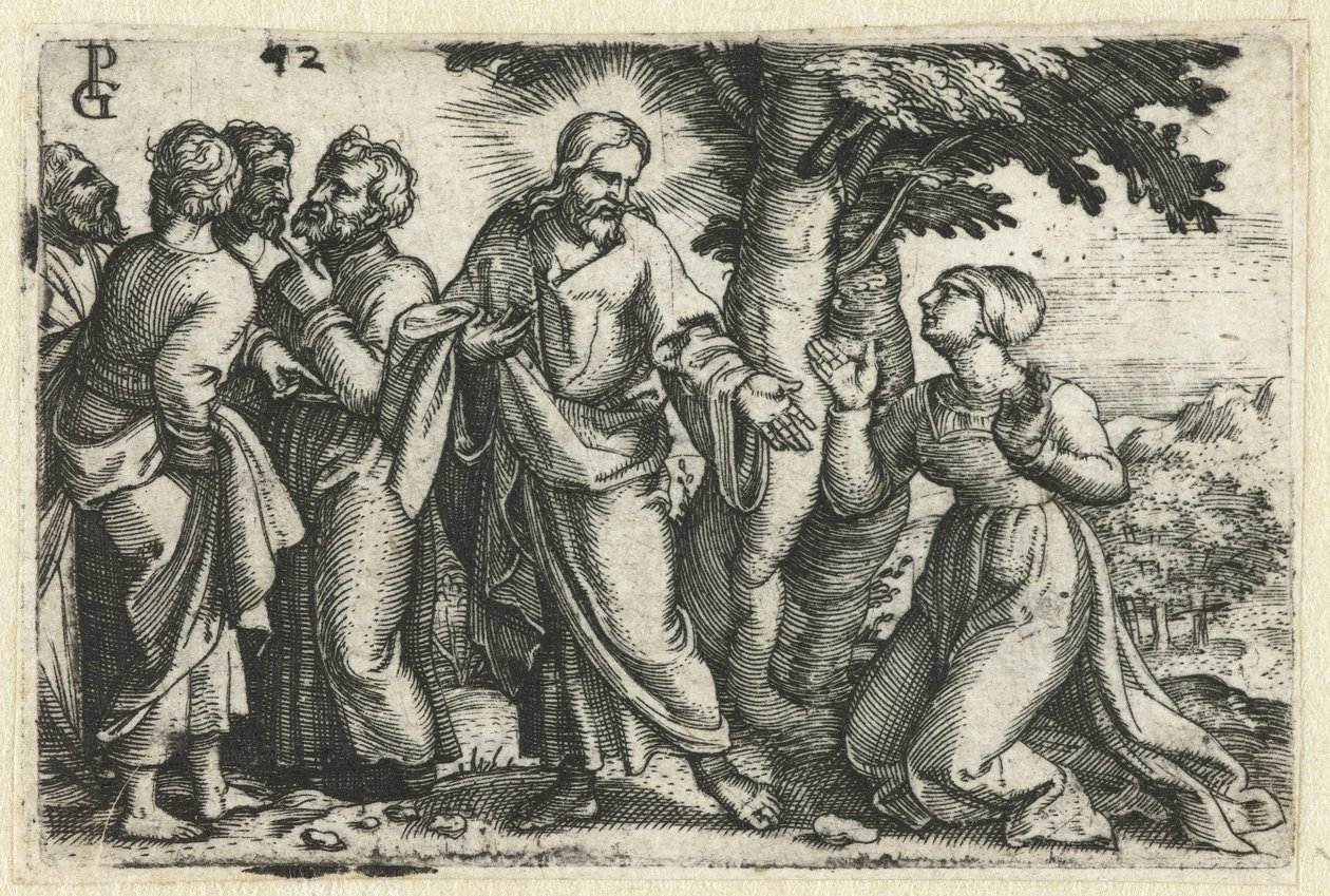 Christus geneest de bloedvloeiende vrouw door Georg Pencz